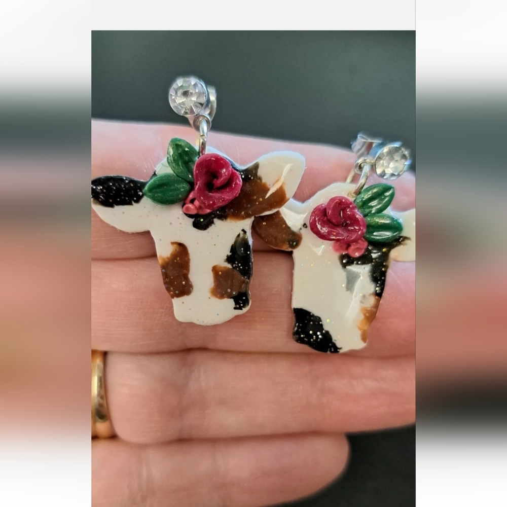Beautiful Handmade Polymer Clay Cow Print Lovely Rhinestone